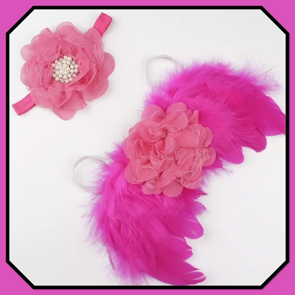 🌷New🌷Angel Hot Pink Wings & Light Pink Headband